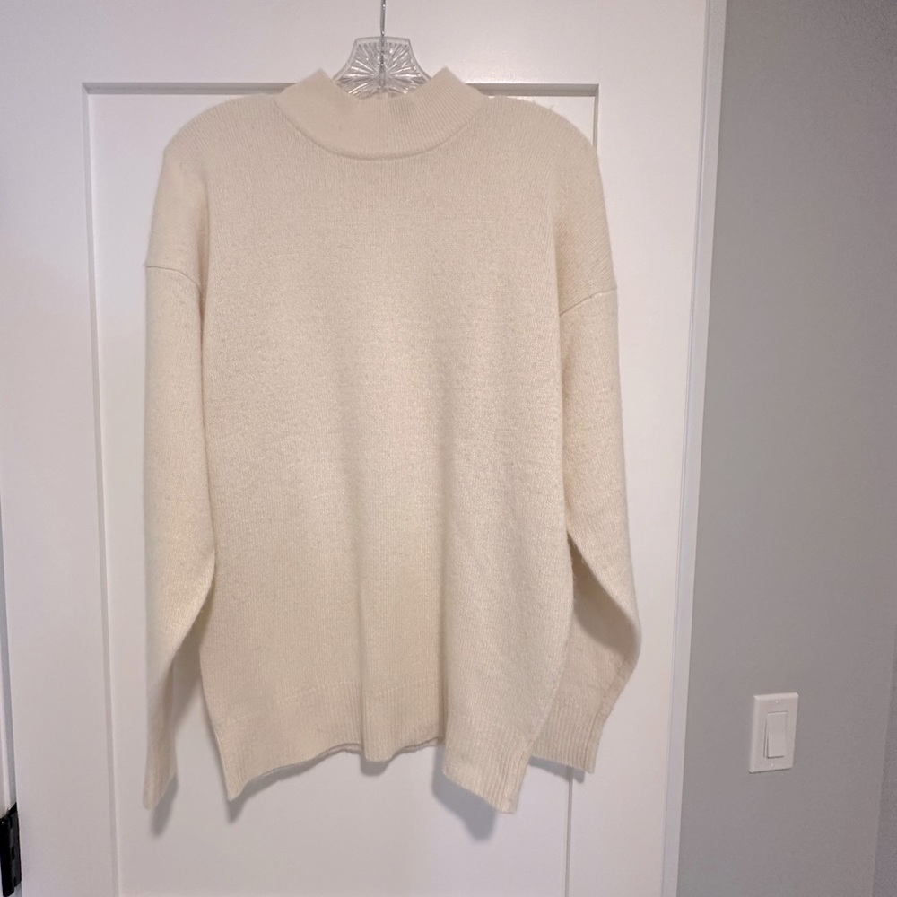 Neiman Marcus Button Up Back Mock Neck, Cashmere, Creme, Long Sleeve Sweater, M